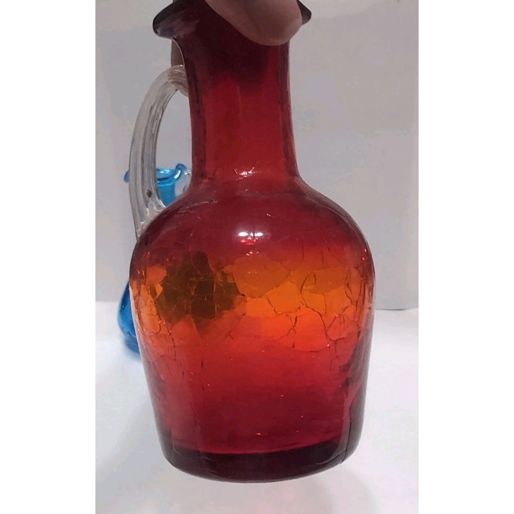 Vintage Cracked Glass Hand Blown Mini Pitchers / Bud Vases Set Of 2 Art Glass - Picture 12 of 15